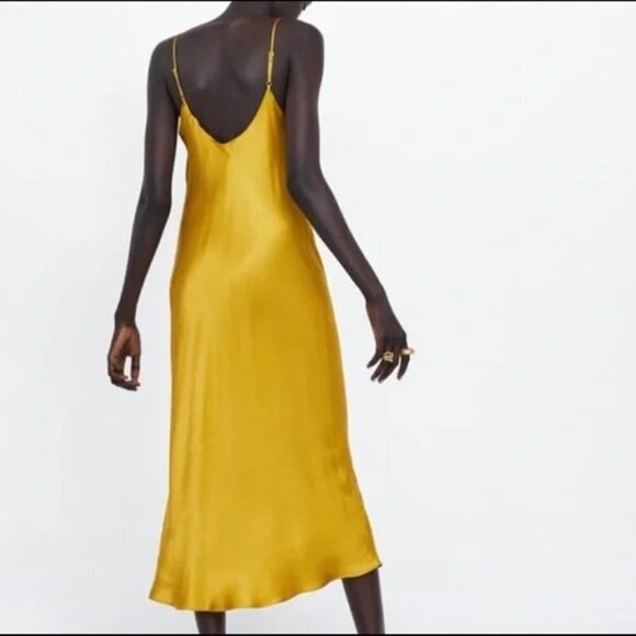 Zara Yellow/Gold Satin Dress Size Small - Picture 5 of 8
